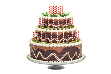 Chocolate Birthday Cake with candles on stand, 3D rendering