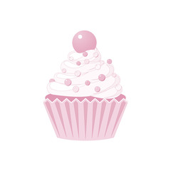 Vector cupcakes and muffins icon. Pink desserts with cream, chocolate, cherries and strawberries. Cute cupcake sign for flyers, postcards, stickers, prints, posters, decorations.