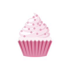Vector cupcakes and muffins icon. Pink desserts with cream, chocolate, cherries and strawberries. Cute cupcake sign for flyers, postcards, stickers, prints, posters, decorations.