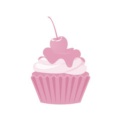 Vector cupcakes and muffins icon. Pink desserts with cream, chocolate, cherries and strawberries. Cute cupcake sign for flyers, postcards, stickers, prints, posters, decorations.