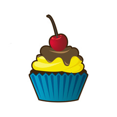 Vector cupcakes or muffins icon. Colorful dessert with cream, chocolate, cherries and strawberries. Multicolor cute cupcake sign for flyers, postcards, stickers, prints, posters, decorations.