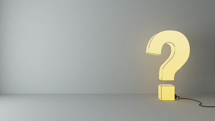 illuminated questions marks in the empty room 3d rendering