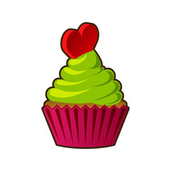 Vector cupcakes or muffins icon. Colorful dessert with cream, chocolate, cherries and strawberries. Multicolor cute cupcake sign for flyers, postcards, stickers, prints, posters, decorations.