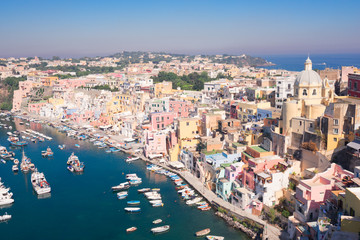 Obraz premium Procida island colorful town with harbor aerial view, Italy