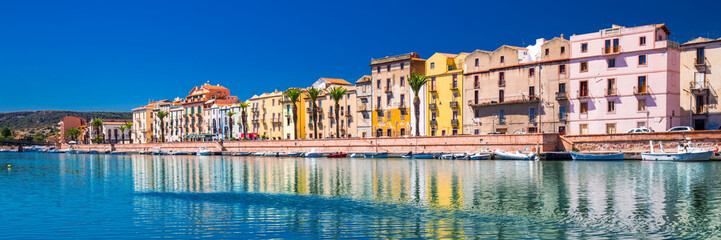 Bosa old city center with colorful houses and Fiume Temo river, Sardinia, Italy, Europe. - obrazy, fototapety, plakaty