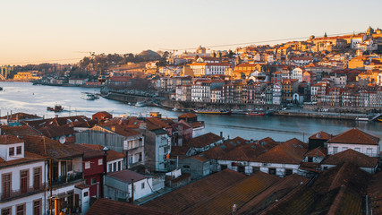 Fototapeta na wymiar Bird's-eye view old downtown of Porto and Douro river, Portugal.