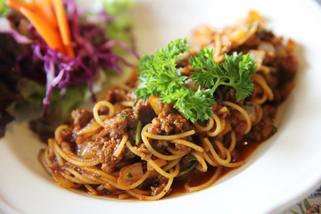 Spaghetti bolognese beef tomato sauce with vegetables italian food