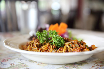 Spaghetti bolognese beef tomato sauce with vegetables italian food