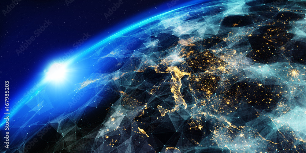 Poster Earth from space at night with a digital communication system/Earth from space at night with a digital communication system. Some elements of the image provided by NASA.