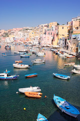 Procida island colorful town with harbor, Italy