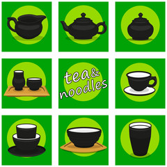 Chinese utensils vector set. Tea and noodles.