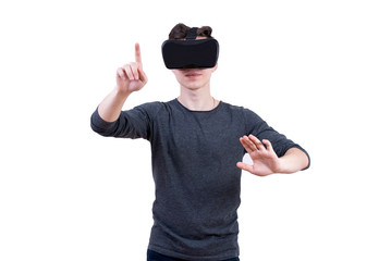 The man with glasses of virtual reality on white isolated background.