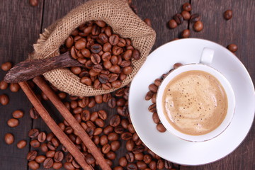 Cup of coffee made from fresh roasted coffee beans