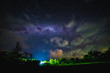 Blue night starry sky above countryside and Green field.  Night view of natural Milky Way glowing stars.