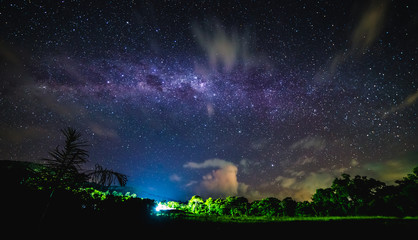 Blue night starry sky above countryside and Green field.  Night view of natural Milky Way glowing stars.
