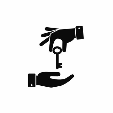 Hand giving a key to other hand icon. Vector black illustration