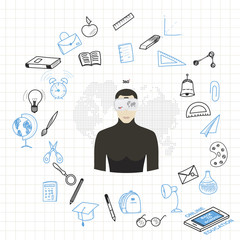 Concept online learning with virtual reality glasses with set of drawing vector elements for education with endolar accessories. Vector illustration EPS 10.