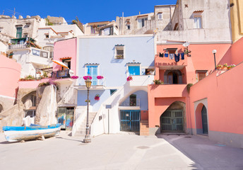 Procida island colorful small town street, Italy