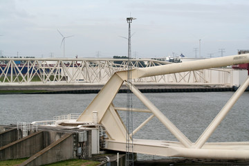 The new waterway  Nieuwe Waterweg) wirh the  torm surge barrier Maeslantkering