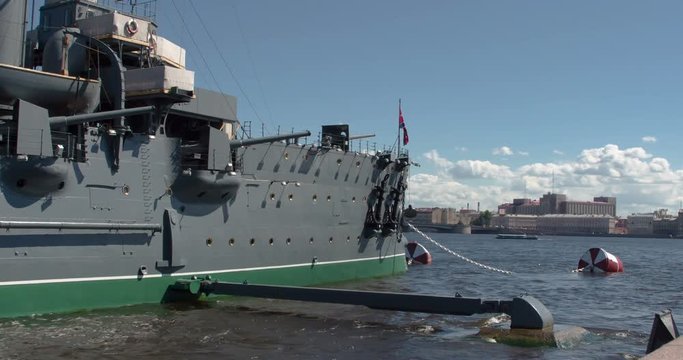 Cruiser Aurora on the Neva. Cruiser Aurora is moored in the city center. View of the starboard side of the ship and the Neva
