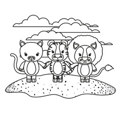 white background with silhouette scene cat tiger and lion cute animals holding hands in grass