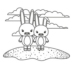 white background with silhouette scene couple cute rabbits animals in grass