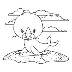 white background with silhouette scene cute seal aquatic animal in grass