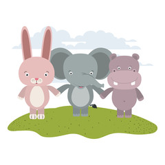 white background with color scene rabbit elephant and hippopotamus cute animals holding hands in grass