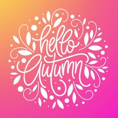 Autumn background and frame of leaves in the style of a thin line art. Handwritten modern lettering. Fall leaves background. Vector illustration