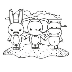 white background with silhouette scene rabbit elephant and hippopotamus cute animals holding hands in grass