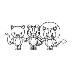 white background with silhouette caricature cat tiger and lion cute animals holding hand