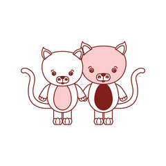 white background with red color silhouette sections of caricature couple cute animal cats