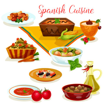 Spanish cuisine tasty dinner menu cartoon icon