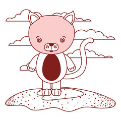 white background with red color silhouette sections of scene cute cat animal in grass