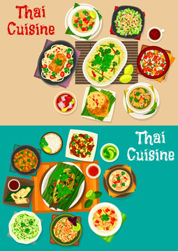 Thai cuisine icon set with traditional asian food