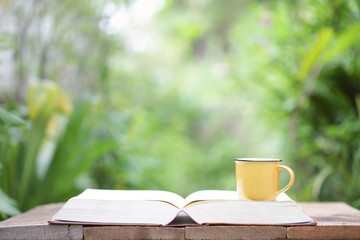 Yellow mug and open book