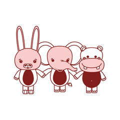 Obraz na płótnie Canvas white background with red color silhouette sections of caricature rabbit elephant and hippopotamus cute animals holding hands