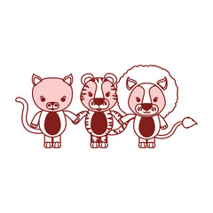white background with red color silhouette sections of caricature cat tiger and lion cute animals holding hand