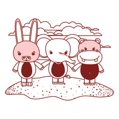 white background with red color silhouette sections of scene rabbit elephant and hippopotamus cute animals holding hands in grass
