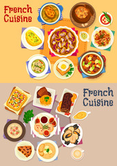 French cuisine dishes for lunch menu icon set