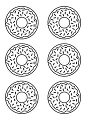 This is a set of donuts with sprinkles. This is a vector line drawing in black and white. 