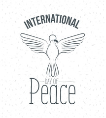 white background with sparks and silhouette pigeon with olive branch in peak and text day of peace
