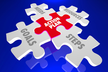 Fototapeta premium Action Plan Steps Goals Resources Puzzle Pieces 3d Illustration