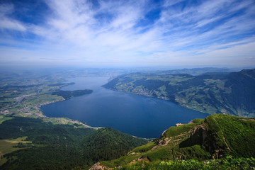 Panoramic Landscape View of Lake Lucerne and mountain ranges from Rigi Kulm viewpoint, Lucerne, Switzerland, Europe.