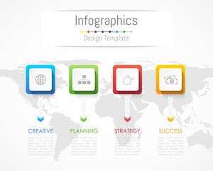 Obraz premium Infographic design elements for your business data with 4 options, parts, steps, timelines or processes. Vector Illustration. World map of this image furnished by NASA