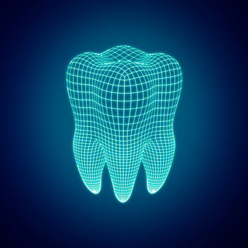 Polygonal mesh tooth on a dark background. 3d render