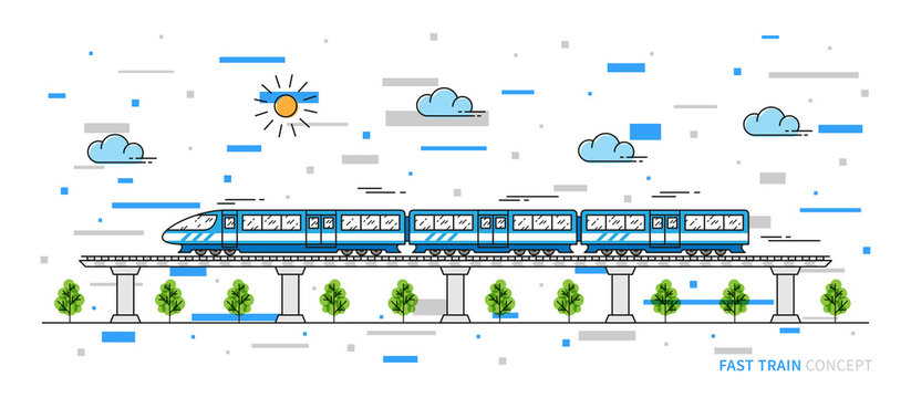 Fast train vector illustration with colorful elements. Train line art concept. The locomotive on the rails graphic design.
