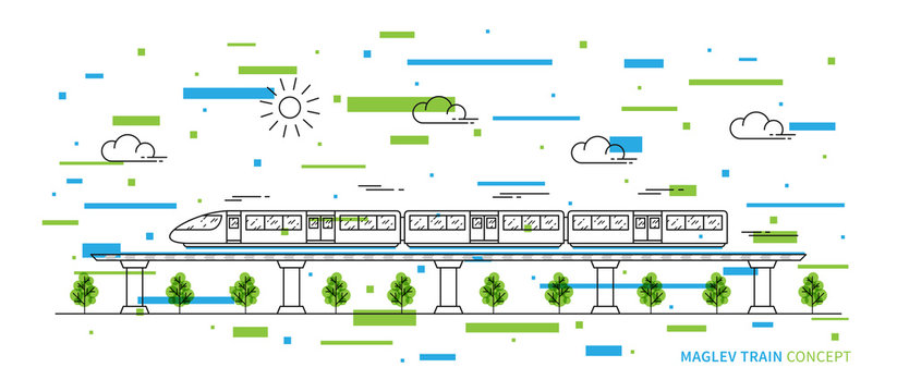 Maglev rail train vector illustration with colorful elements. Electric fast train line art concept. Monorail subway with magnet levitation technology graphic design.
