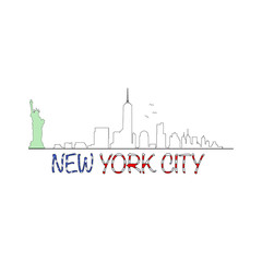 Fototapeta premium Manhattan skyline with Statue Of Liberty and New York City text shaped usa flag 