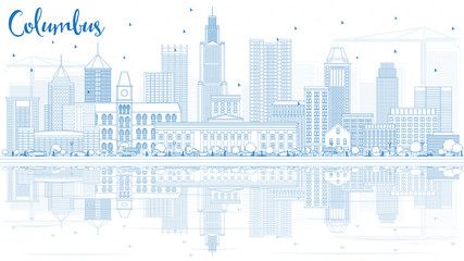 Outline Columbus Skyline with Blue Buildings and Reflections.